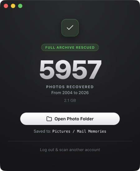 Mail Memories app interface showing number of photos rescued
