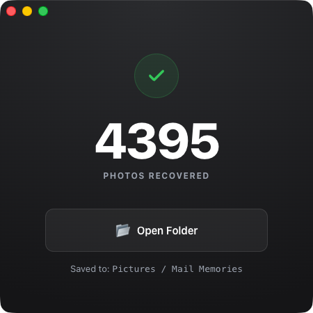 Mail Memories app interface showing number of photos rescued