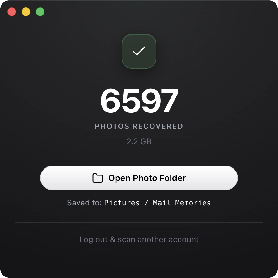 Mail Memories app interface showing number of photos rescued